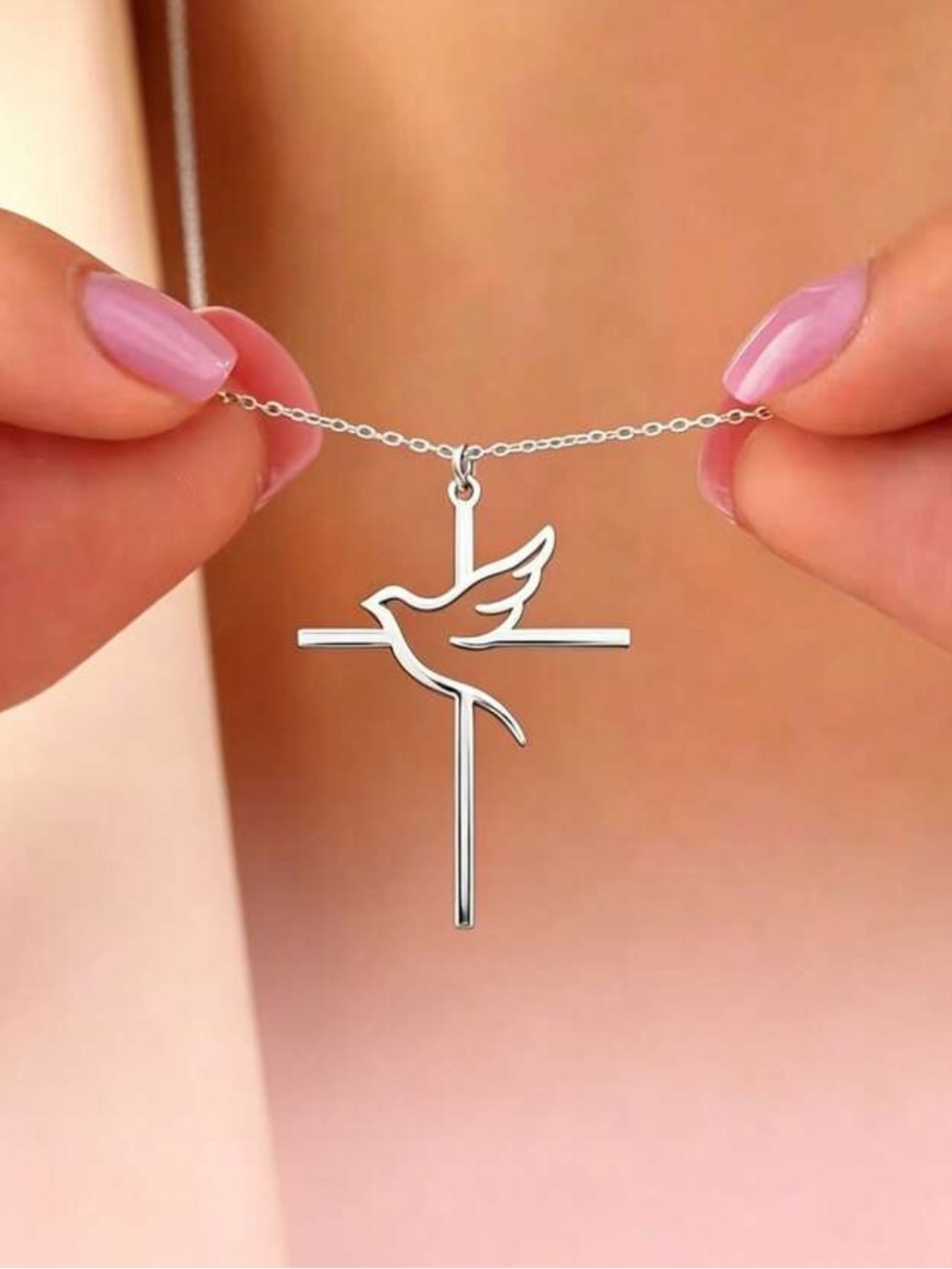 Stainless Steel silver color Cross And Dove Necklace, Faith Pendant